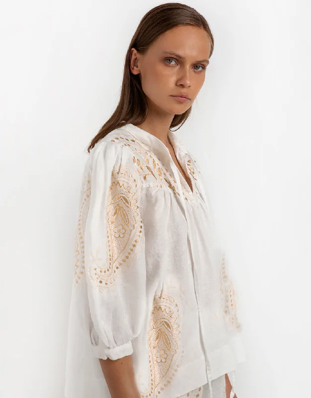 Paisley Long Sleeve Blouse - White and Gold Embellished Collar Blouse