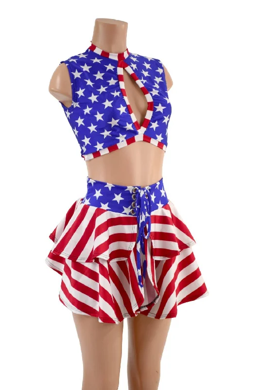 Patriotic Open Front Lace Up Skirt & Keyhole Top Set zip skirt side