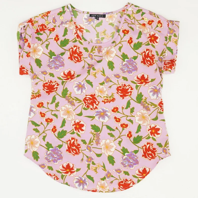 Pink Floral Short Sleeve Blouse Cotton Casual Blouse