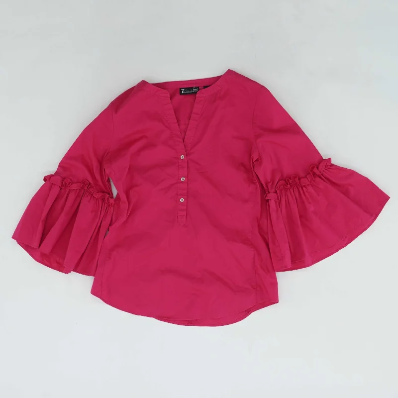 Pink Solid 3/4 Sleeve Blouse Ruffled Neck Blouse