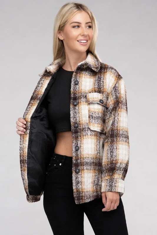 Plaid Flannel Shacket Casual Relaxed Fit Blouse