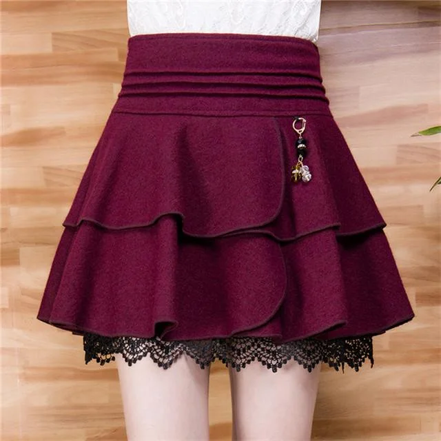 Plus Size High Waist Woolen Pleated Skirt Women Sexy Lace Stitching Puff Skirt Spring, Autumn and Winter Short A-line Skirt button skirt front