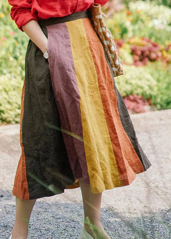 Plus Size Orange elastic waist Patchwork Linen A Line Skirt Spring wool skirt sturdy