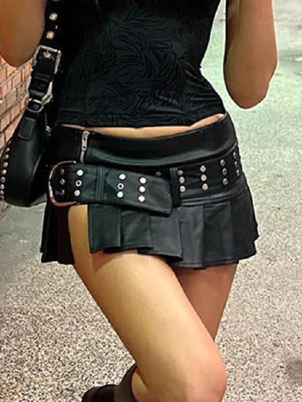 Punk Rivet Belted Pleated Slit Leather Mini Skirt mini skirt trendy