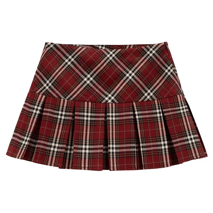 Red Plaid Grunge Pleated Skirt denim skirt casual