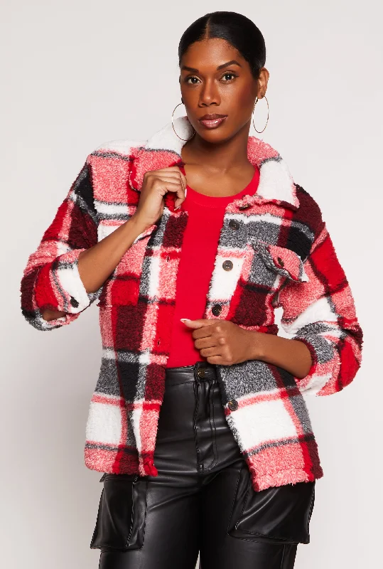 Plaid Sherpa Button Front Shacket Casual Relaxed Blouse