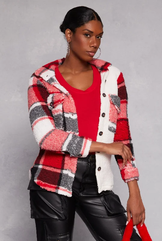 Plaid Sherpa Shacket Double-Layered Blouse