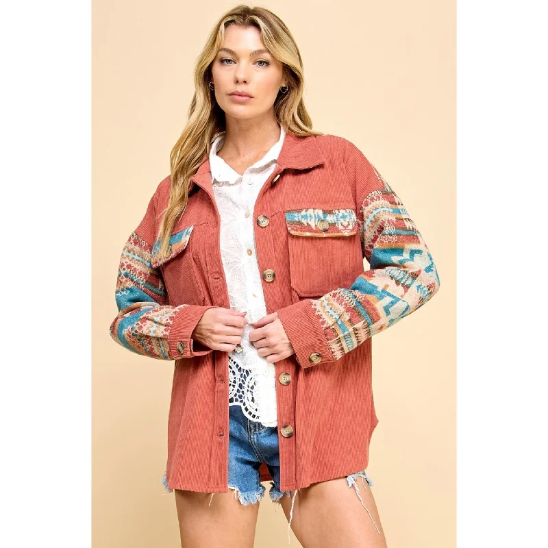 Women's Rust & Aztec Contrast Corduroy Shacket Lightweight Chiffon Blouse