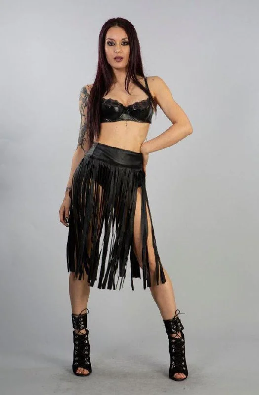 Shredder Knee Length Fringe Skirt In Black Matte silk skirt luxurious