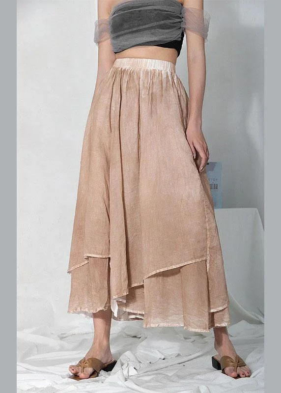 Simple Khaki Elastic Waist Asymmetrical design Skirt Cotton Linen chiffon skirt lightweight