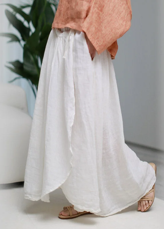 Stylish White Asymmetrical Pockets wrinkled Tie Waist Linen Skirt Summer denim skirt fashionable