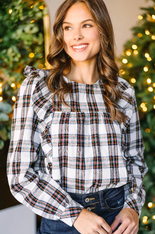 Such A Gift White Plaid Ruffled Blouse Puff Sleeve Blouse