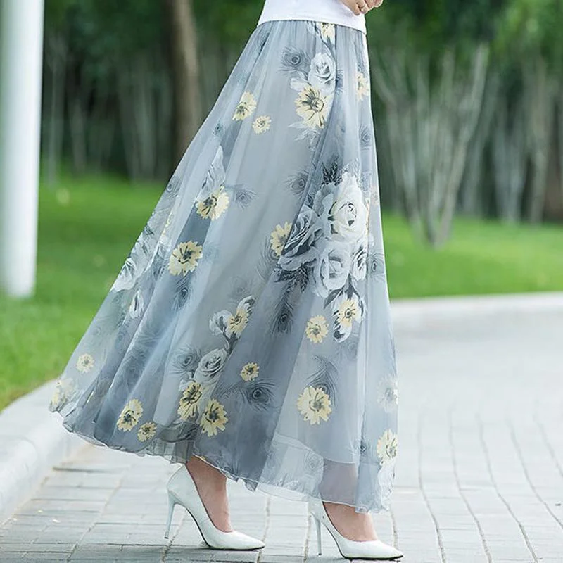 Summer New Chiffon Skirt Long Plus Size Skirt Bohemian Floral Big Swing Female Beach Skirt Long Skirt Women's A-line Skirt linen skirt relaxed