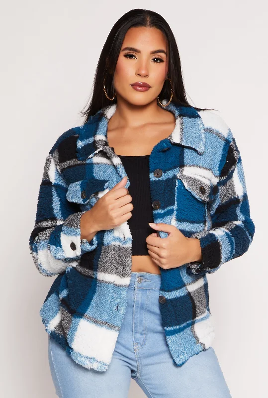 Plaid Sherpa Button Front Shacket Peter Pan Collar Blouse