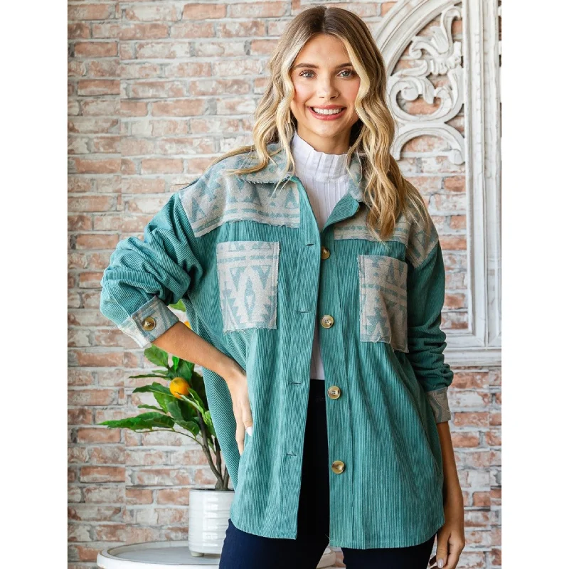 Women's Teal Corduroy Aztec Shacket Chic Wrap Blouse