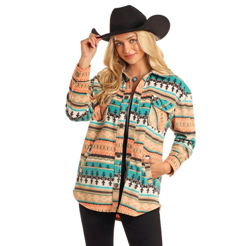 Rock & Roll Women's Turquoise & Coral Aztec Fleece Shacket Embroidered Cotton Blouse