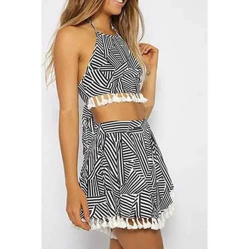 Stylish Halter Stripes Spliced Crop Top and Skirt Women's Suit - White And Black Xl wool skirt warm