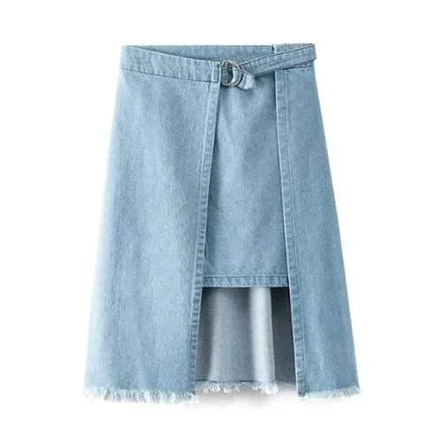 Trendy High-Waisted Irregular Hem Frayed Women's Denim Skirt - Blue L ruffled skirt detail