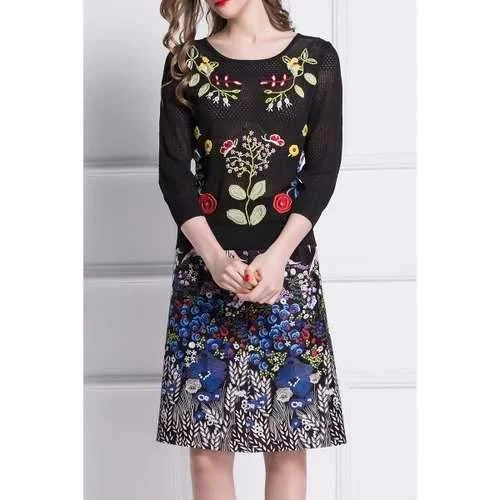 Embroidered Sweater and Printed Skirt - Black L patchwork skirt art