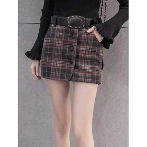 Plaid Woolen Skirt With Belt - Brown Grey M low waist skirt