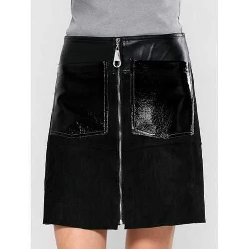 PU Leather Panel A Line Skirt With Pocket - Black L seamless skirt comfort