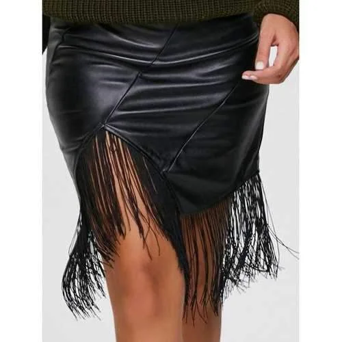 PU Leather Asymmetric Fringe Skirt - Black S a-line skirt cut