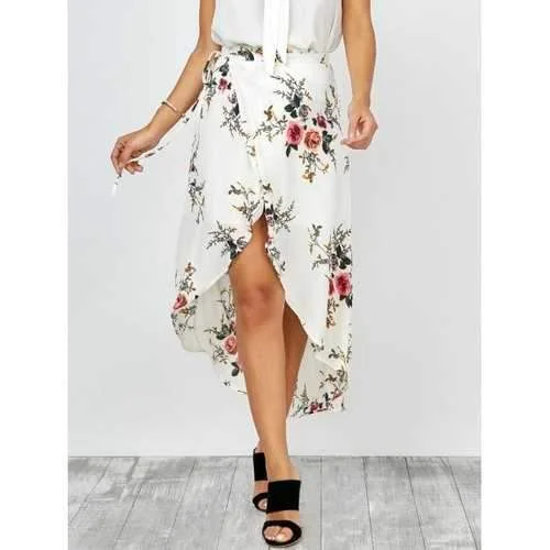 Floral Print Asymmetrical Wrap Skirt - White L high slit skirt