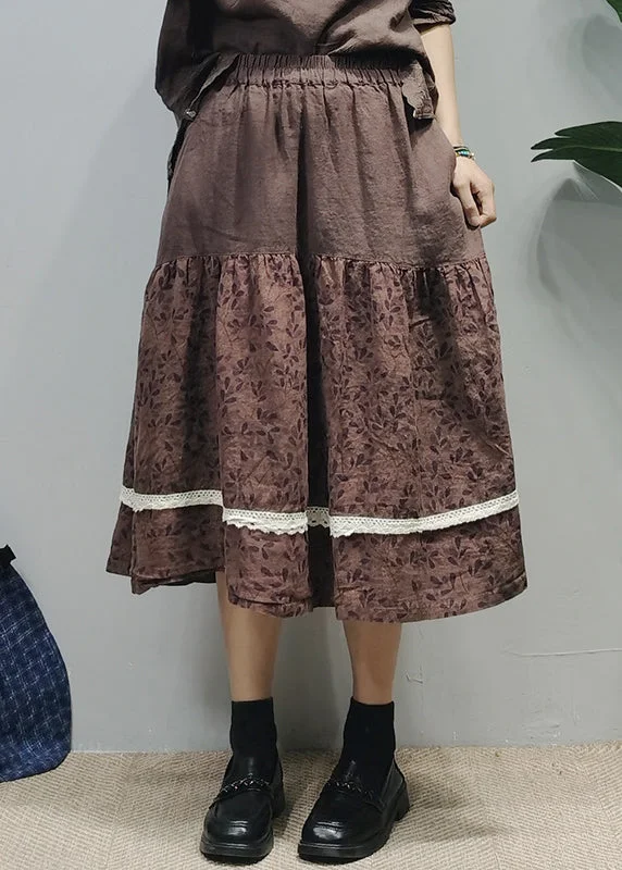 Vintage Chocolate elastic waist Lace Patchwork Print Linen A Line Skirts Summer lace skirt intricate