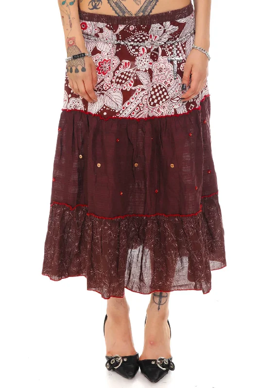Vintage Y2K Brown Floral Tiered Midi Skirt - M/L boho skirt vibe