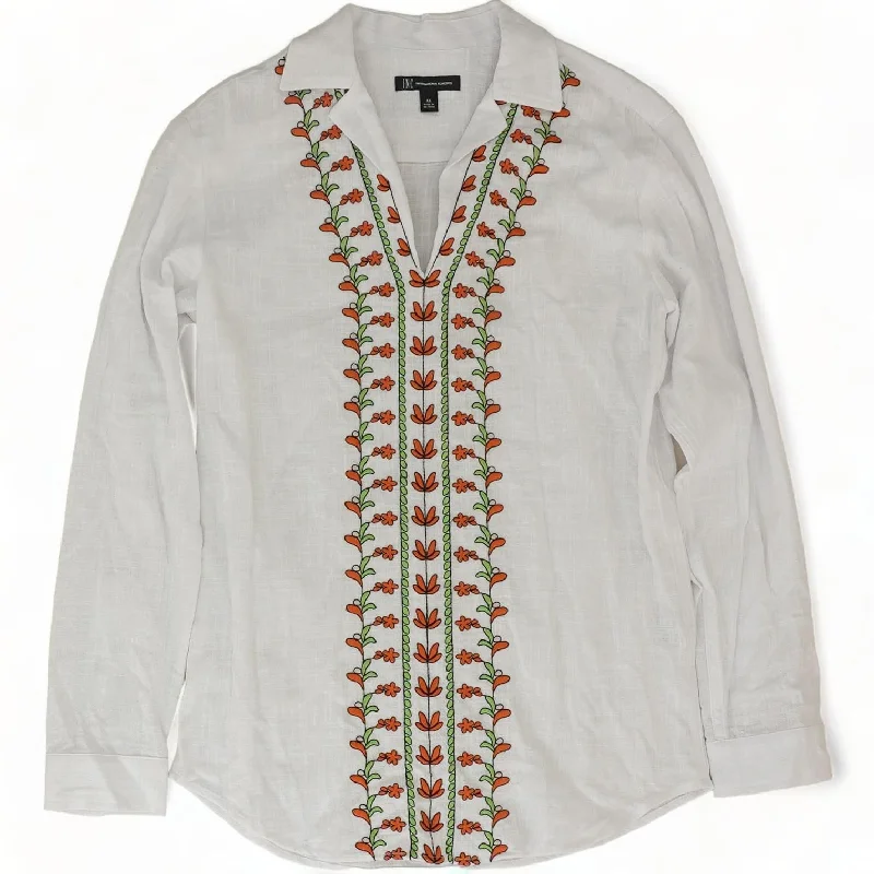 White Embroidered Detail Long Sleeve Blouse Pastel Color Blouse