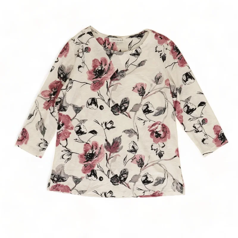 White Floral 3/4 Sleeve Blouse Elegant Office Blouse