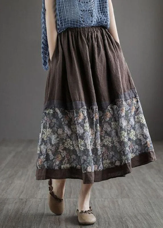 Women Coffee Wrinkled Pockets Print Patchwork Linen Skirt Summer asymmetrical skirt cut