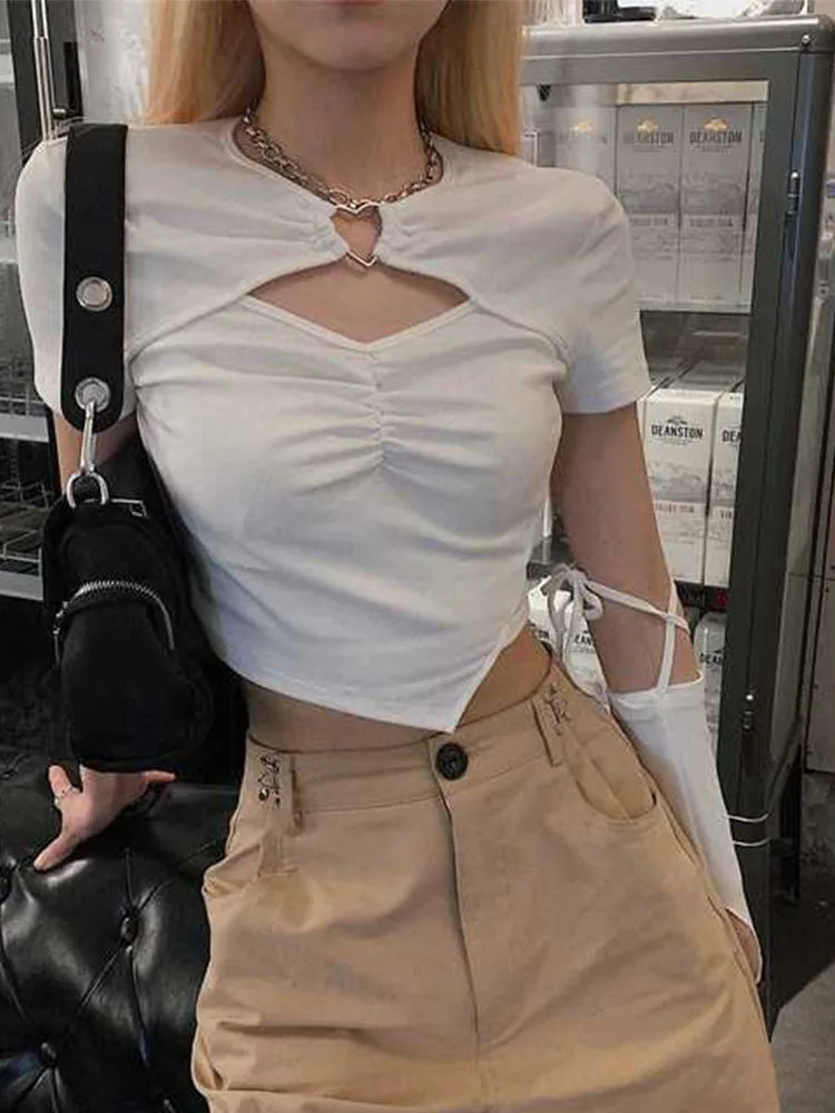 Women's Blouses Asymmetrical Hallow Out Tops Fashion Designer T-Shirts Chic Off-Shoulder Blouse