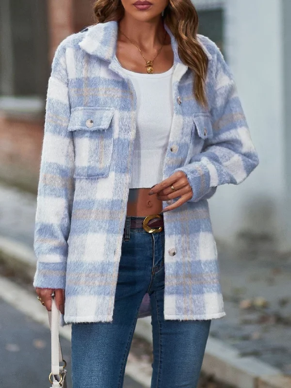 Woolen Blend Plaid Shacket Sheer Sleeve Blouse