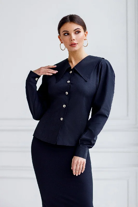 Black Puff Sleeve Collared Blouse Wrap Front Blouse