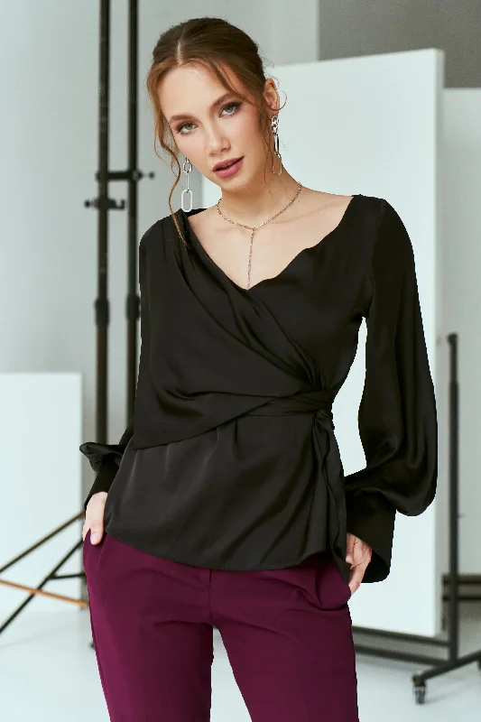 Black Silk Puff-Sleeve Wrap Blouse Bell Sleeve Blouse