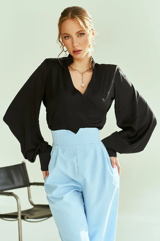 Black Silk Puff-Sleeve Wrap Blouse Classic Minimalist Blouse