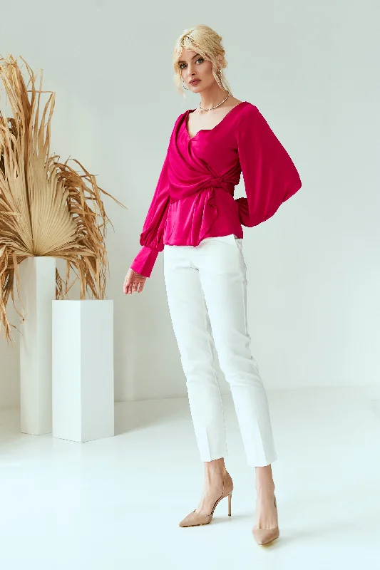 Crimson Silk Puff-Sleeve Wrap Blouse Loose Fit Blouse