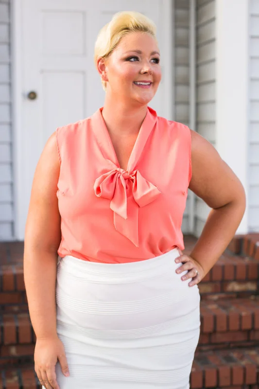 Sleeveless Bow Blouse - Salmon High Neck Blouse