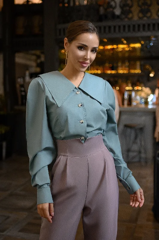 Olive Puff Sleeve Collared Blouse Feminine Tie Blouse