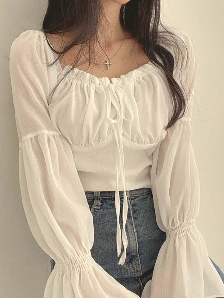 Women's Drawstring Corset Fashion Designer Blouse Lantern Long-Sleeve Tops Floral Chiffon Blouse