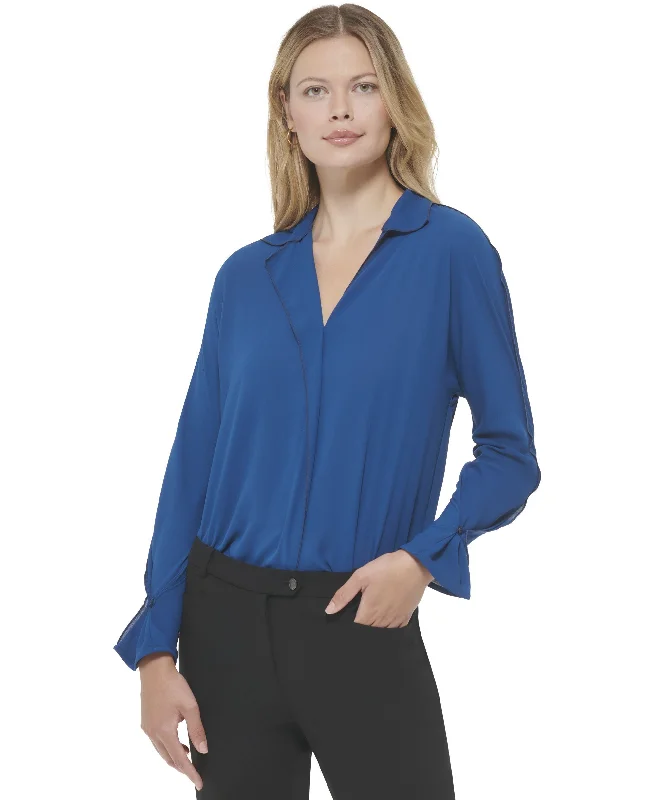 Women's Long Sleeve V-Neck Collared Blouse Business Casual Blouse